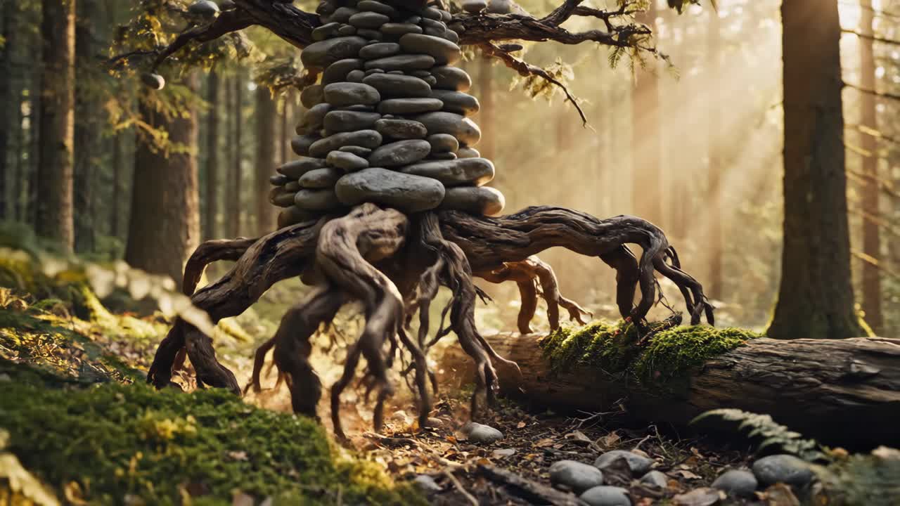 Mystieke stenen boomsculptuur met knoestige wortels in een zonnig bos