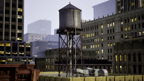 old water tower stands tall amidst modern city architecture at dusk