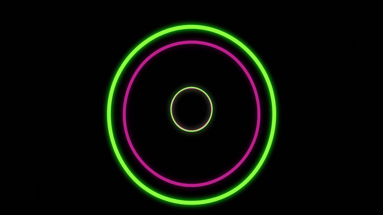 검은 바탕에 초록색과 분홍색 네온 원의 애니메이션