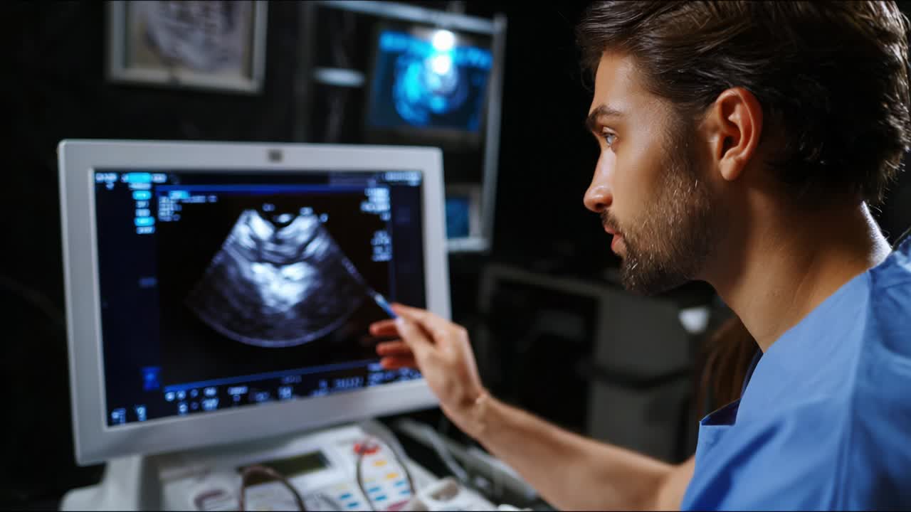 Un professionista sanitario esamina un monitor a ultrasuoni, analizzando immagini dettagliate del soggetto, garantendo al contempo accuratezza diagnostica e assistenza al paziente in un ambiente medico moderno.