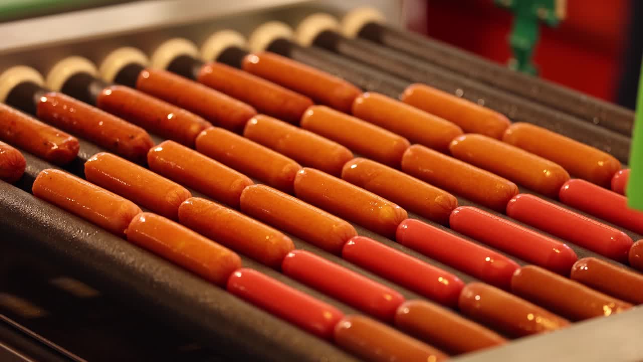 Hot dogs rotating on a mechanized grill