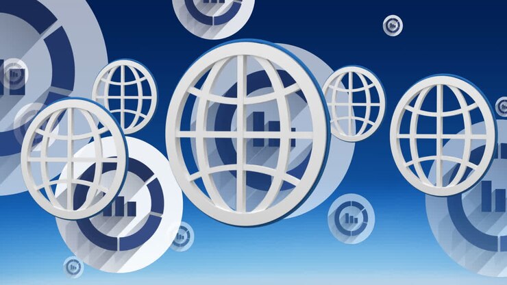 Animación de iconos de globo terráqueo y estadísticas sobre un fondo azul