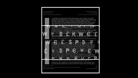 Animation of currency symbols and data processing on black background