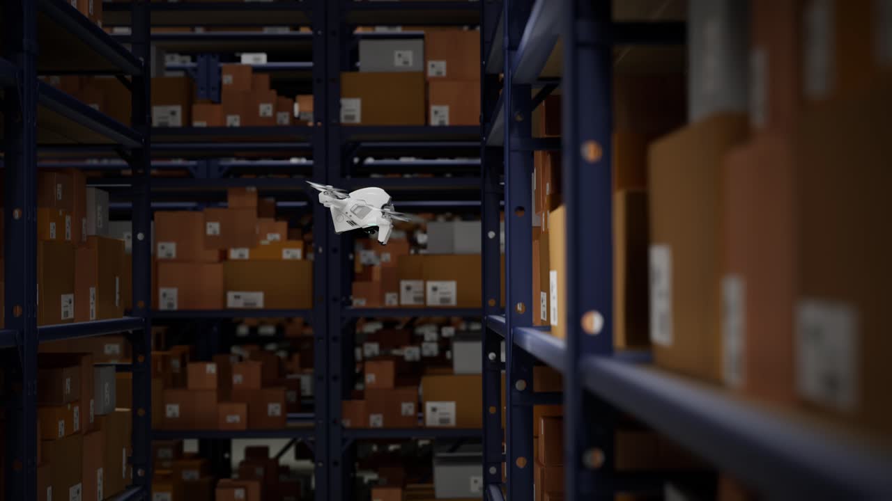 animación con drones de almacén escaneando códigos qr en las cajas de cartón en un estante metálico sistema totalmente automático no tripulado de distribución de carga proceso logístico eficiente coordinado por computadora