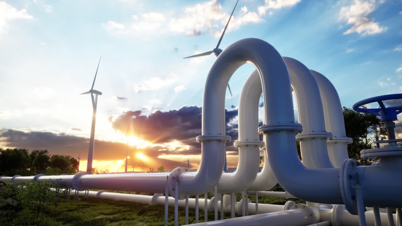 수소 파이프라인과 풍력 터빈, 광전지 패널은 깨한 에너지 생산을 향상시니다.