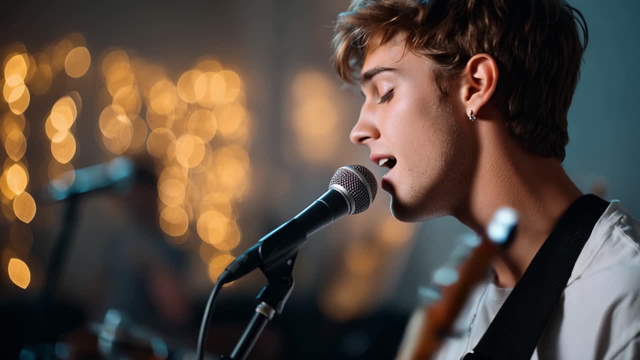 Young Male Musician Singing into Microphone with Bokeh Background