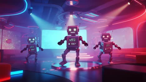 a vibrant scene showcasing dancing robots illuminated by colorful lights, highlighting their playful movements and the lively atmosphere of a futuristic dance floor