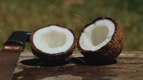 fresh, juicy coconut split in half using a machete - zoom out reveal