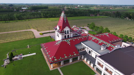 drone shot of winery building and vinery in landscape of vojvodina, serbia