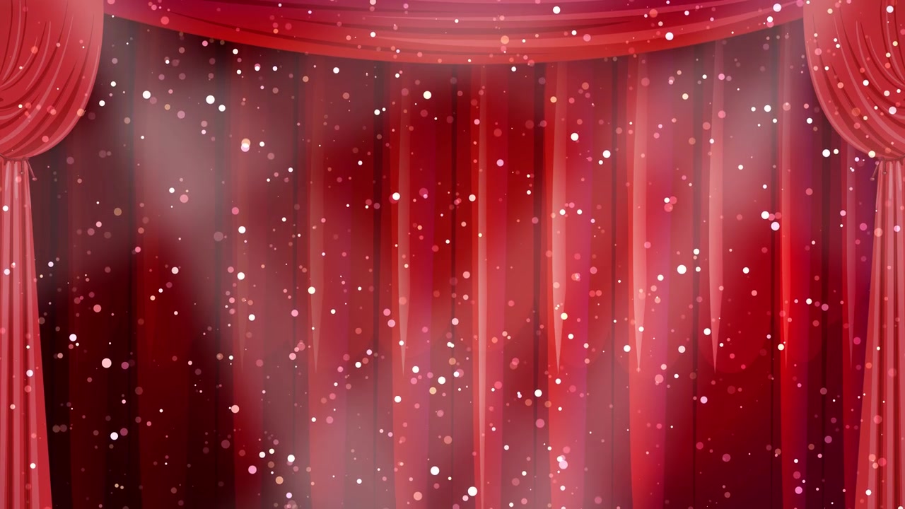 Cortinas de palco animadas de veludo vermelho com partículas de glitter cintilantes e feixes de holofote branco varrendo.