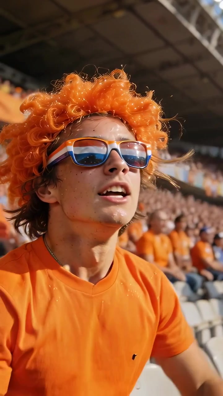 Vertical video: Reacting to big play male fan in orange wig and shirt shouting, clapping in stands