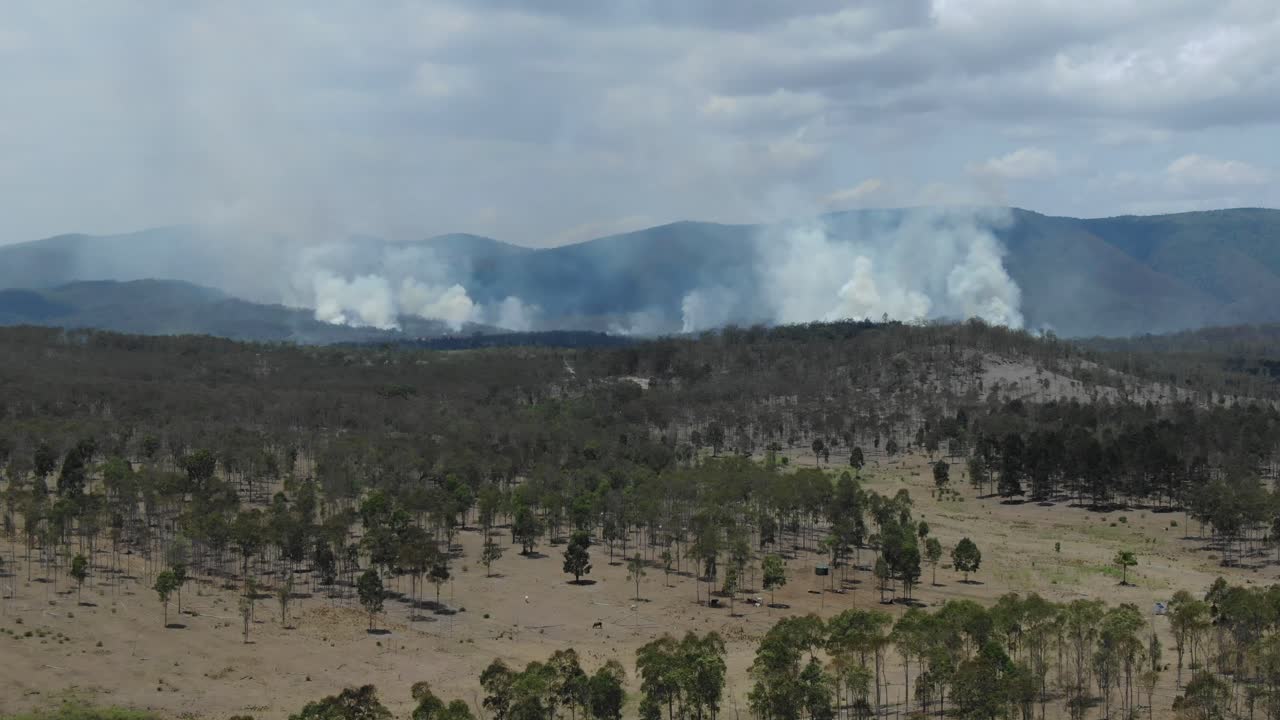 Rainforest fires and smoke on burning Queensland mountains in Australia. Aerial drone forward pov