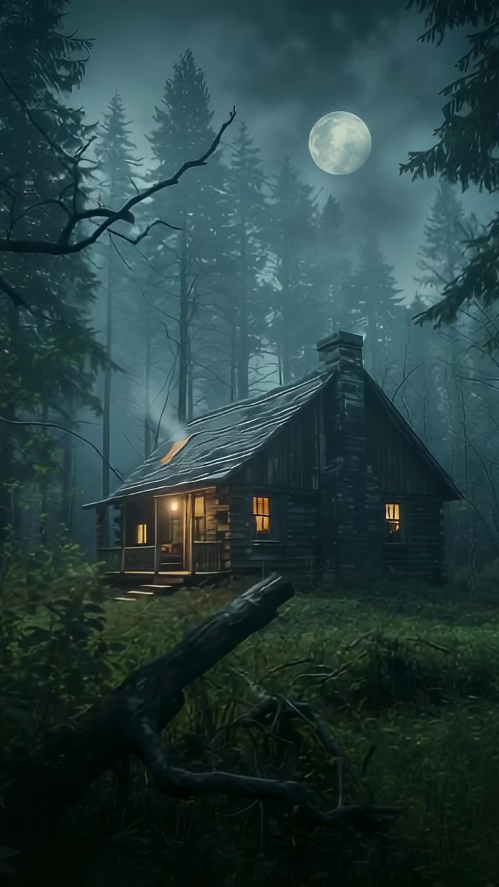 Vertical video: Rising full moon casting light on mist in pine clearing, illuminating log cabin