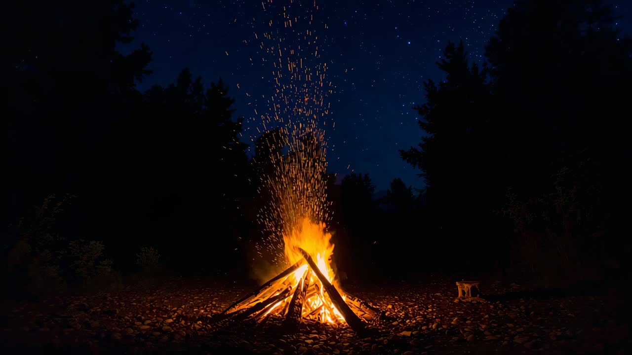 Burning campfire of stacked logs flaring and sending embers and smoke into starry forest clearing