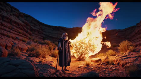 man in desert with burning bush
