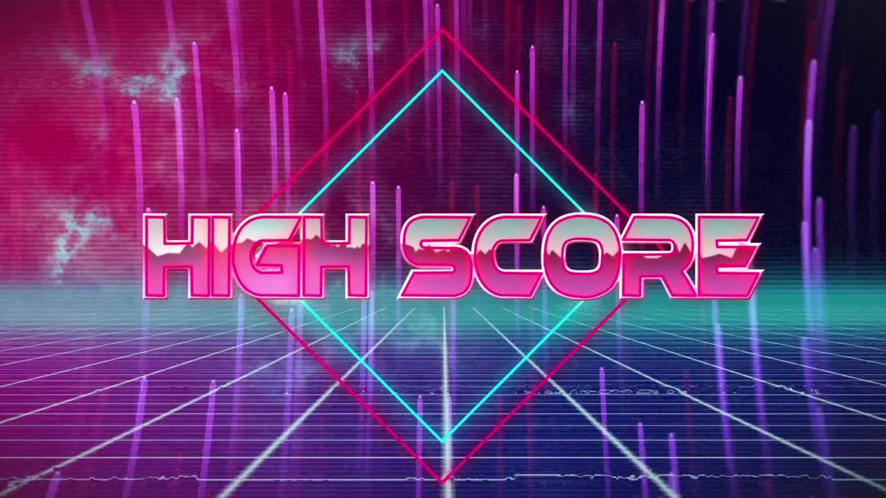 파란색 배경에 빛의 흔적에 대한 네온 네온 삼각형 위의 텍스트 위의 게임