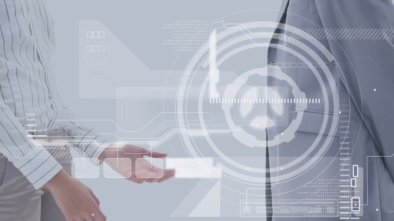 카우카스계 사업가들이 손을 흔들고 있는 금융 데이터 처리 애니메이션