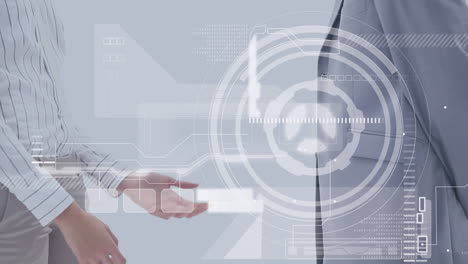 animación del procesamiento de datos financieros sobre hombres de negocios caucásicos que se dan la mano