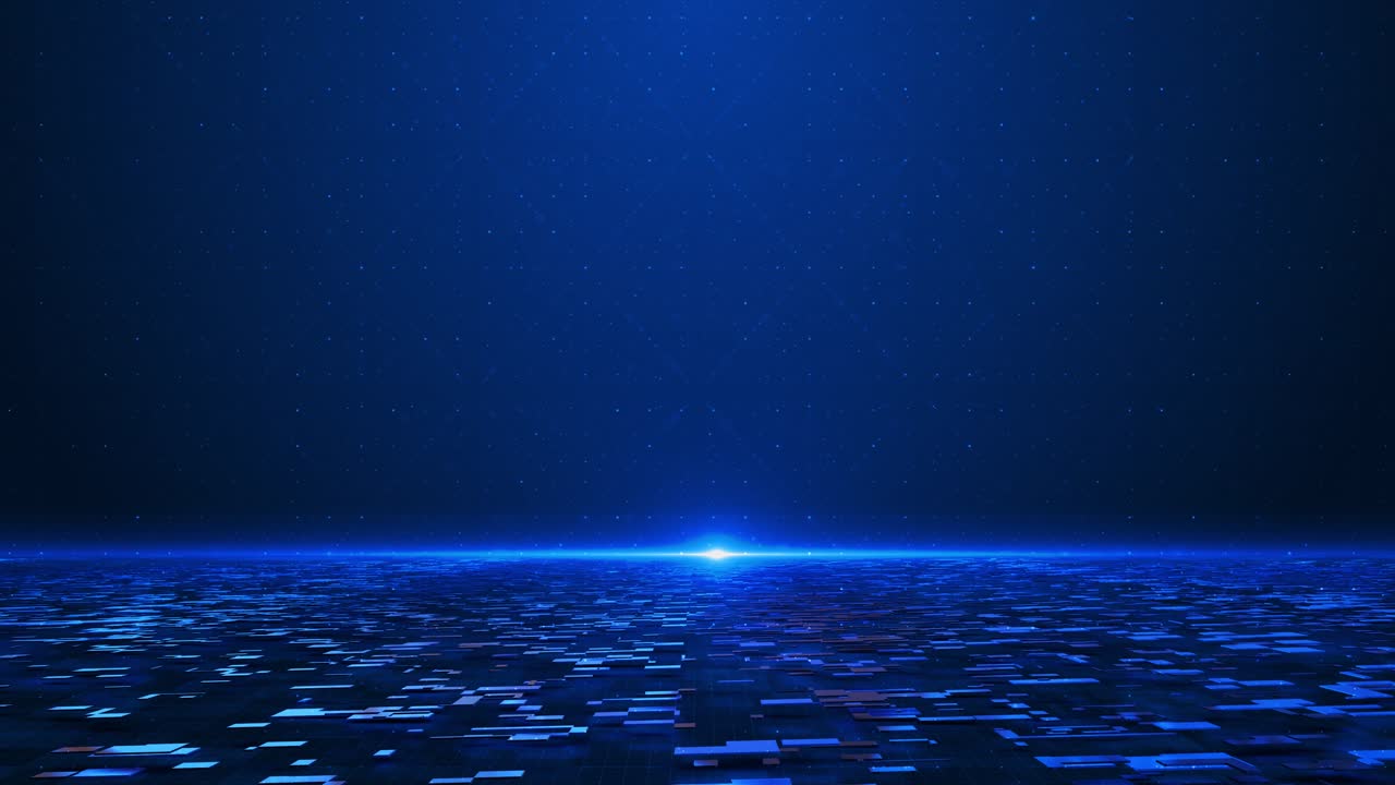 Futuristic perspective grid digital blue particles forming horizon view of technology space dynamic