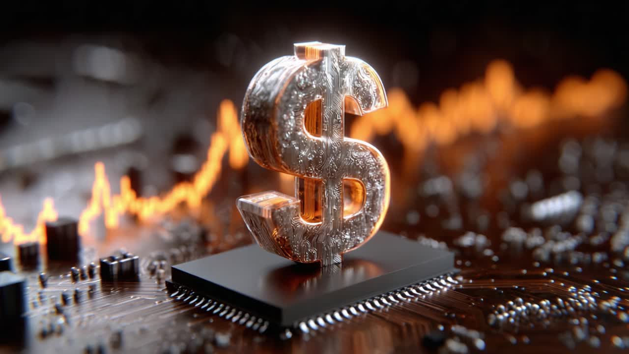 A Close-Up View of a Metallic Dollar Sign Sitting on a Circuit Board with an Electronic Waveform Background, Highlighting Financial Themes in a Tech-Driven World