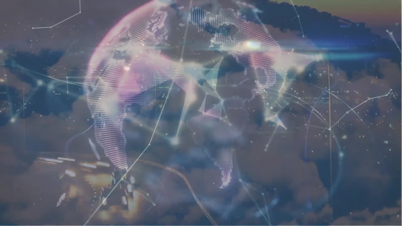Animation of network of connections over fast traffic and globe