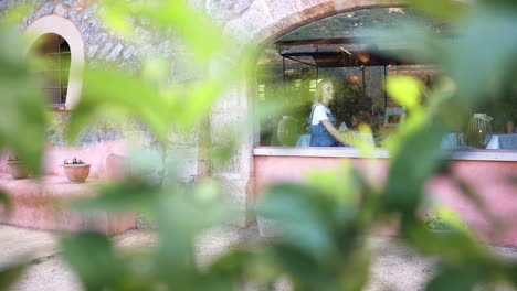 woman looking through a restaurant window