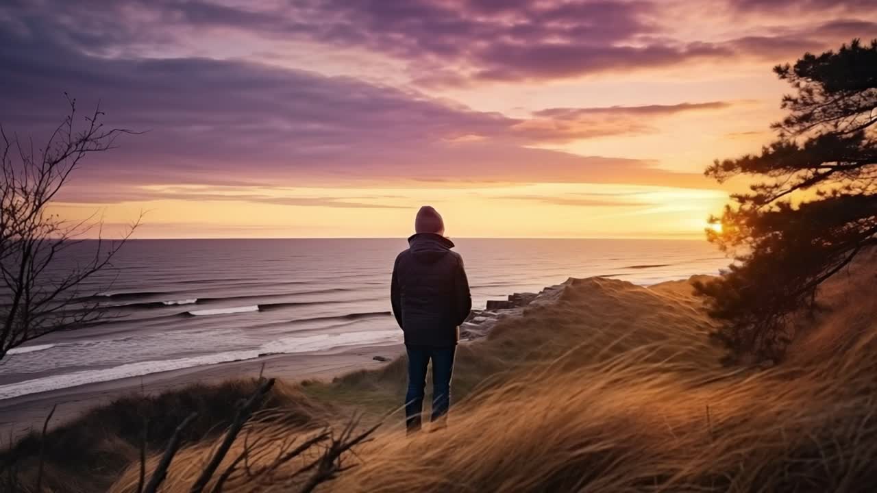 Hiker standing on a grassy hilltop, soaking in the stunning sunset over the ocean, with a vibrant sky and waves crashing gently on the shore, creating a tranquil atmosphere