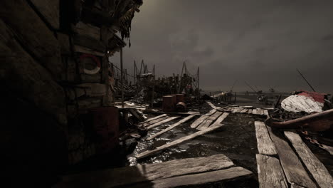 mysterious abandoned pier under a dark cloudy sky at twilight