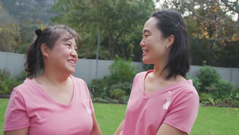 portrait of happy asian mother embracing adult daughter in garden, wearing pink t shirts