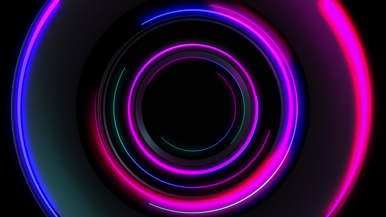 Abstract seamless loop of 3D render neon circle. Blue and purple neon circles abstract futuristic hi-tech motion background seamless loop. Video 3d animation Ultra HD 4K.