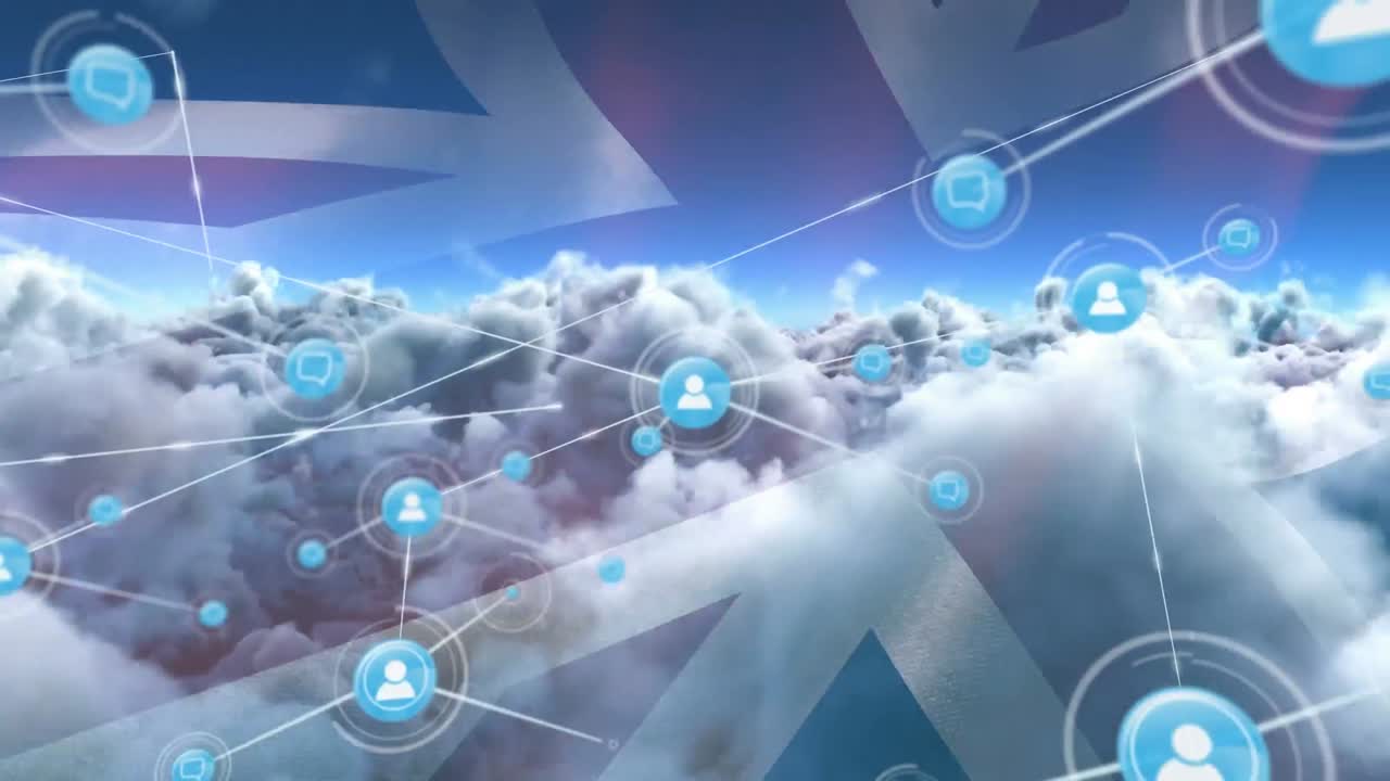 영국  ⁇ 발과 함께 구름진 하늘 위의 아이콘과 연결망