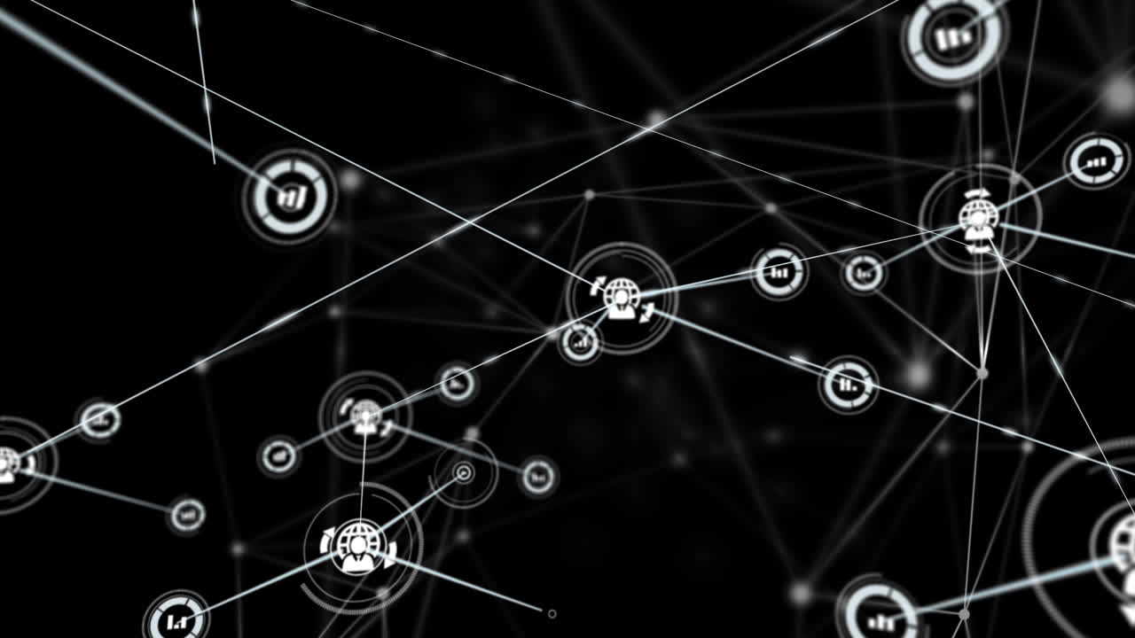 animación de redes de conexiones con iconos en fondo negro
