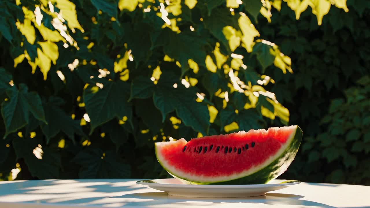 Empty plate sits on a white table in front of a backdrop of lush green leaves, bathed in the warm glow of natural light, creating a serene setting for a summer meal