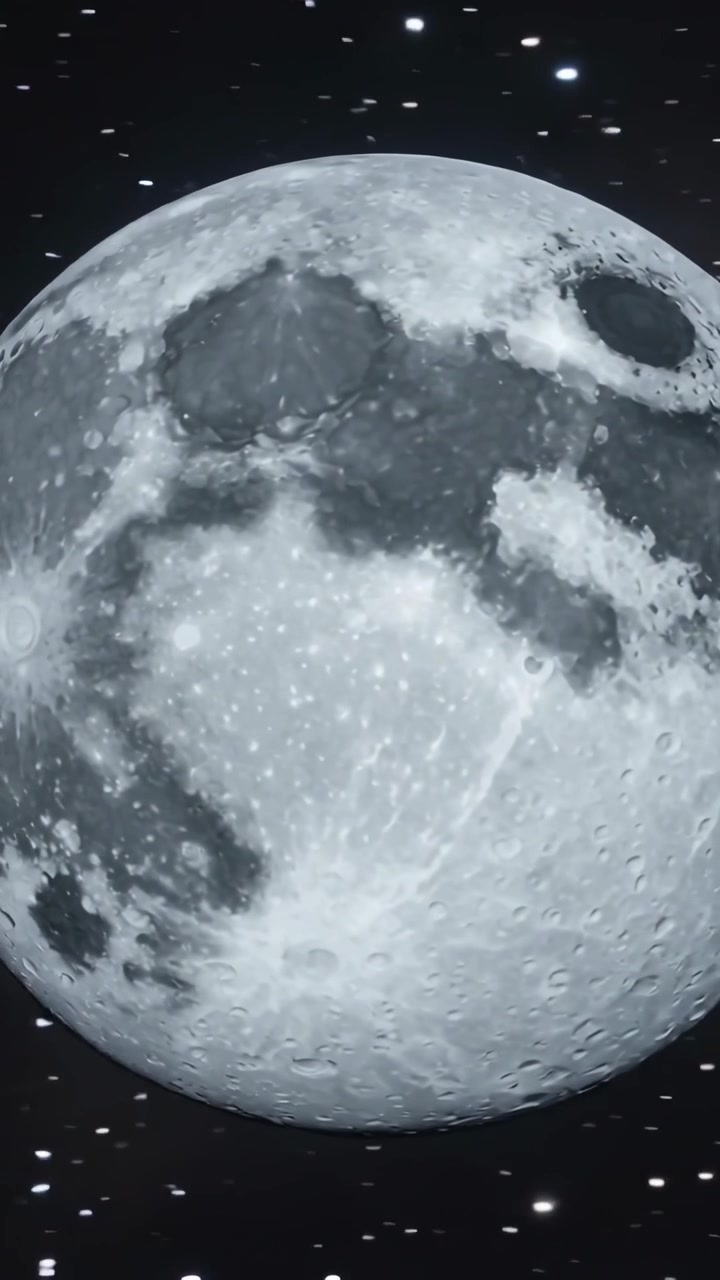Vídeo vertical: Câmera panorâmica aproximando a Lua no espaço, com estrelas, halo e superfície salpicada