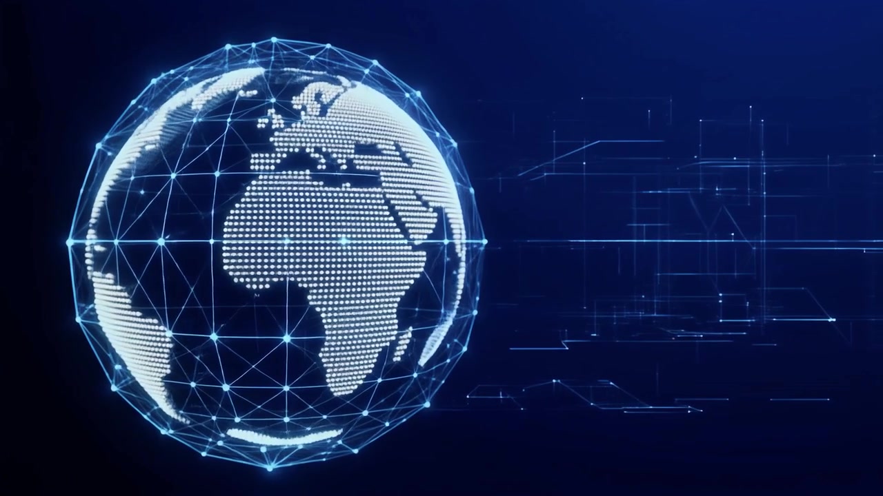 Rotating Digital Globe with Network Connections on Blue Background