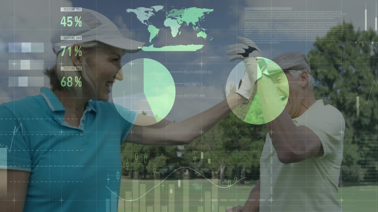 Two golfers exchanging high-five on golf course showing technology pie charts and line graphs