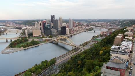 Cinematic-aerial-of-Pittsburgh-skyline-from-above-Mount-Washington-at-Duquesne-Incline