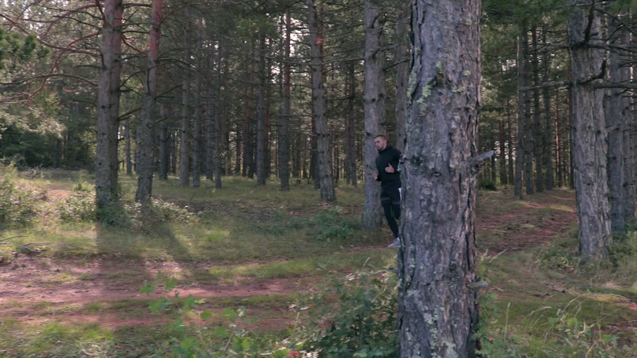 키 큰 나무가 있는 숲을 달리는 러너