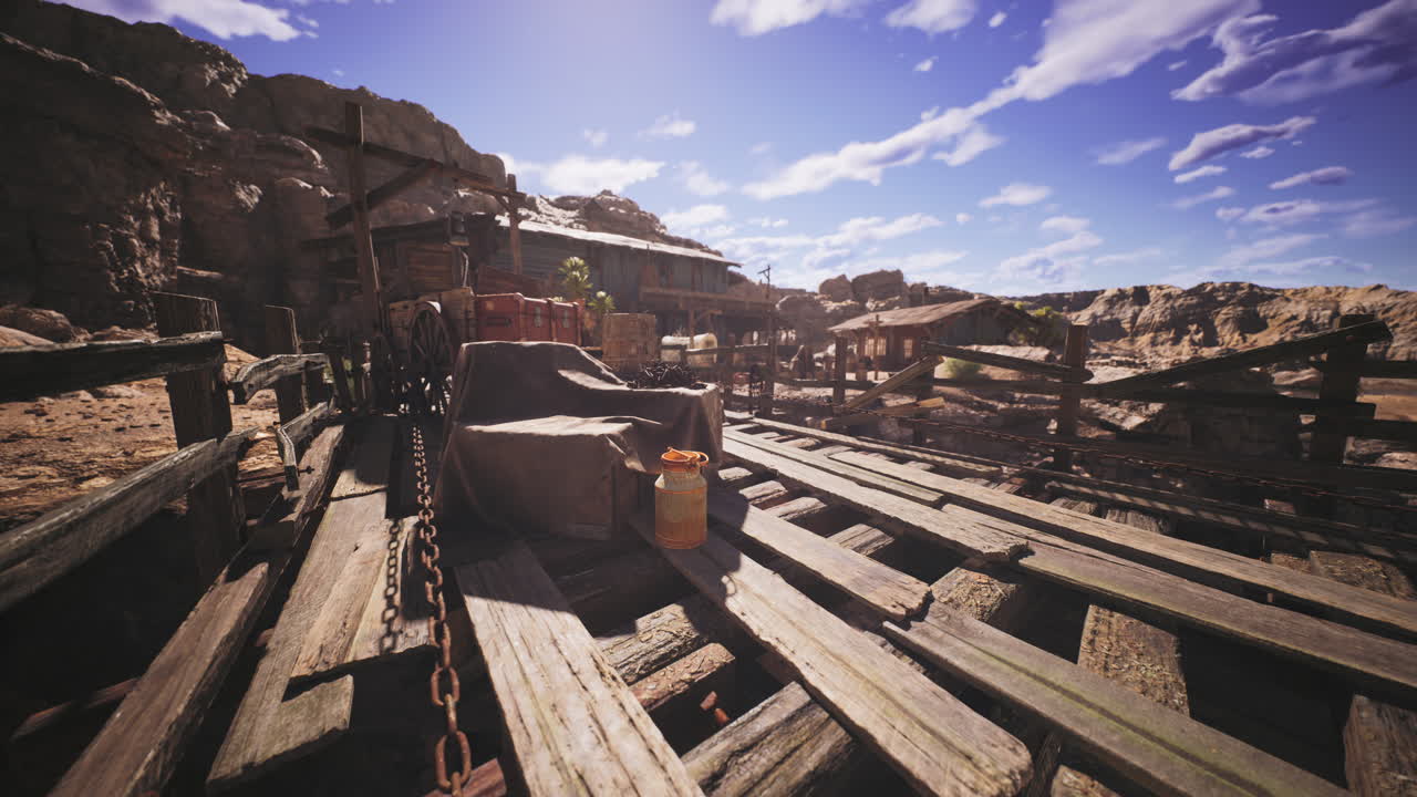 Old mining site with wooden structures and crates under a bright sky