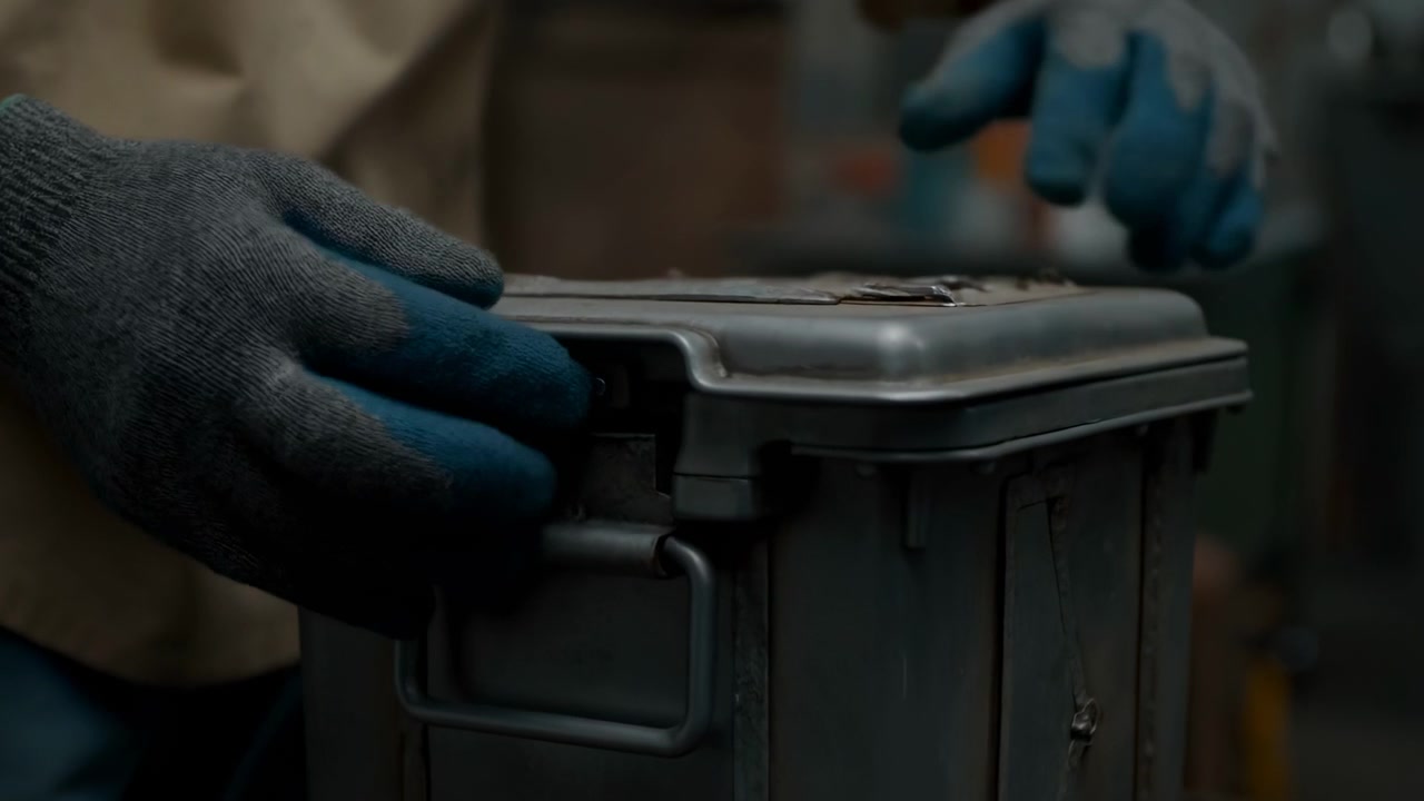 Close-up de mãos enluvadas segurando e levantando uma caixa de metal em um interior industrial escuro, com luz direcional suave e um fundo desfocado sugerindo.