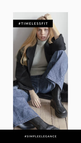 woman in timeless fashion: coat, jeans, and boots