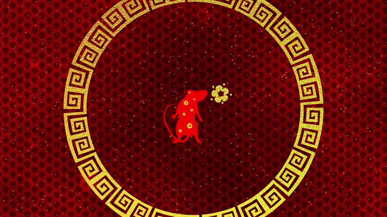 fondo de año nuevo chino rojo con oro, rata, fuegos artificiales, estrellas relucientes 3d rendering bucle 4k. mágica feliz año nuevo animación