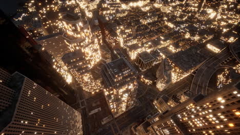 aerial view of skyscrapers in downtown in the evening