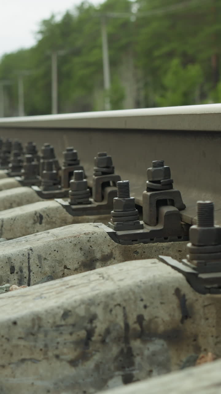 콘크리트 스프레이어에 레일을 고정시키는 볼트와 견과류를 가진 철도 트랙 고정 장치의 근접 시각, 비석과 돌이 트랙 사이에 있습니다.