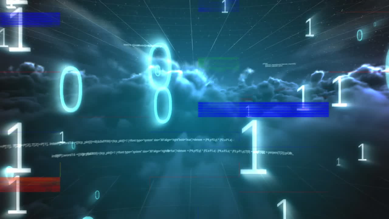 темное облако с двоичным числом, жгучие полосы и код данных на переднем плане