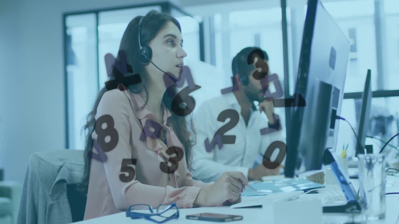Animation of numbers and processing over business people in office