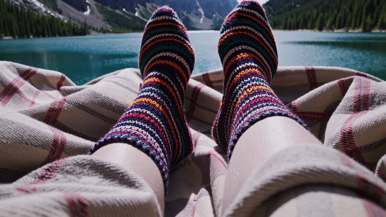 Piedi che si rilassano in riva a un lago di montagna