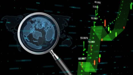 Animación-Del-Mapa-Mundial-Y-Lupa-Sobre-El-Procesamiento-De-Datos-Financieros