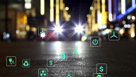 animación de múltiples iconos en cuadrados sobre coche borroso moviéndose en la calle en la ciudad