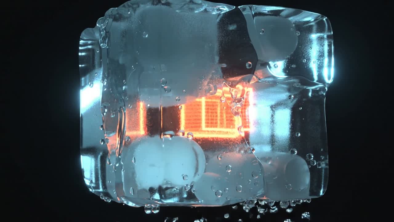 Melting clear ice cube losing spheres, rising bubbles, falling drops in lab, orange grid heating